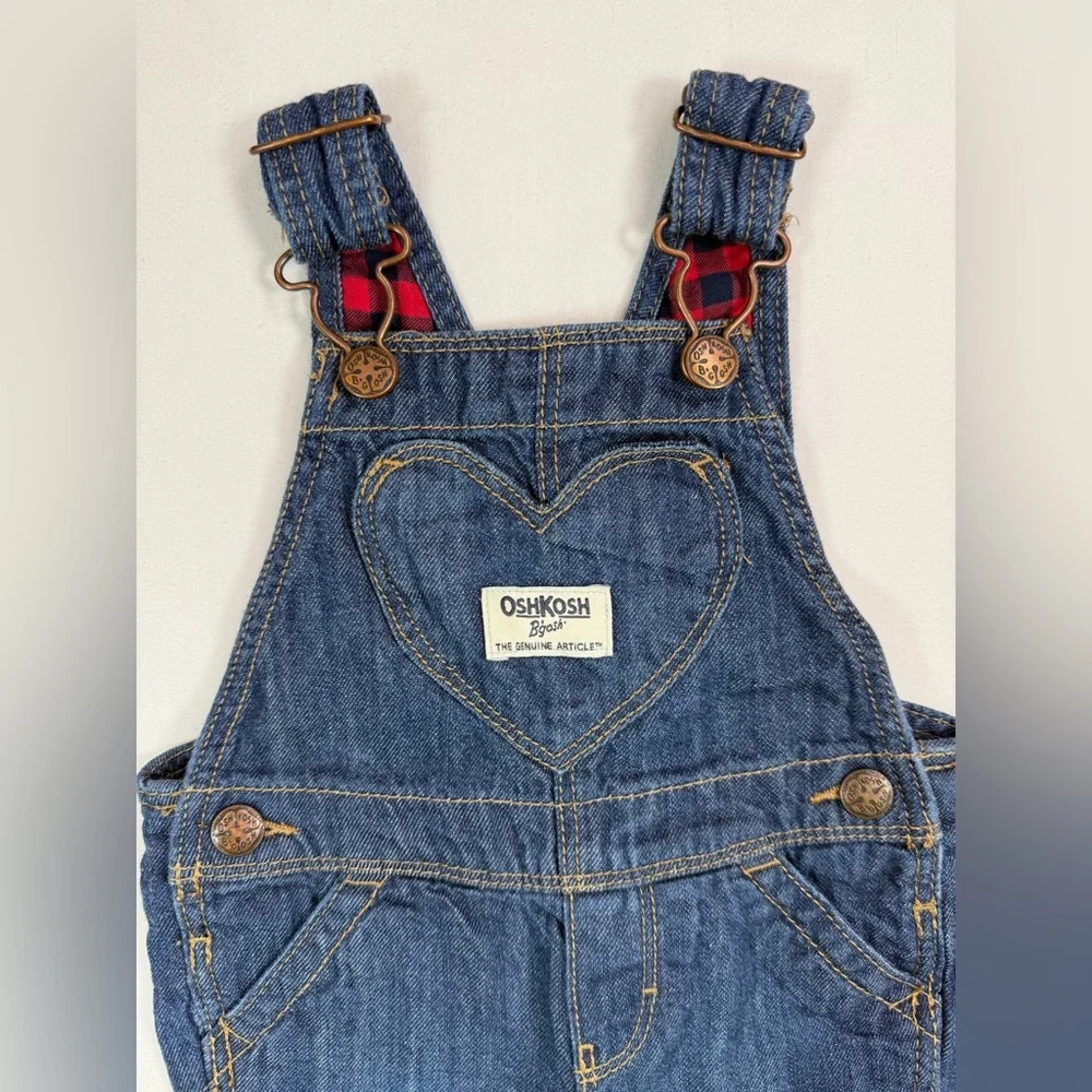 OSHKOSH B'GOSH‎ Baby Girls' Dark Wash Heart Vestbak Red Plaid Lined Overalls 6M